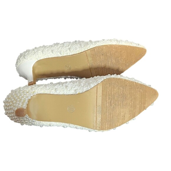 Crystal Queen Lace Daisy‎ & Pearl White Womens Heel Bridal Shoes Elegant 6.5 - Picture 12 of 14